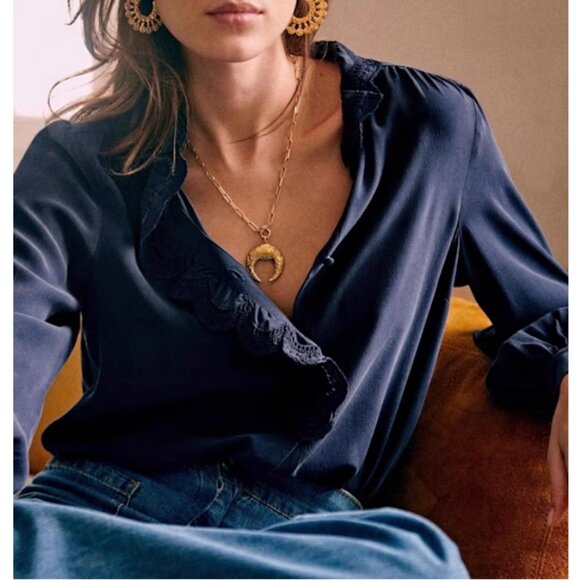 Sezane Chlo Silk Shirt Blouse Navy Blue French Top Lace Classic Causal - Picture 1 of 12